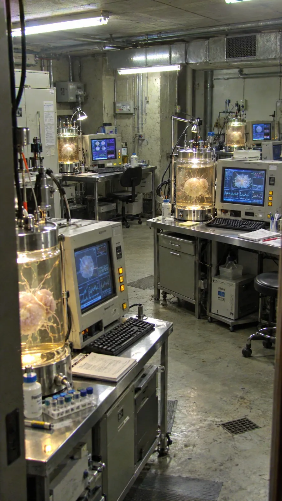 Four organoid culture stations with glowing tanks and CRT monitors