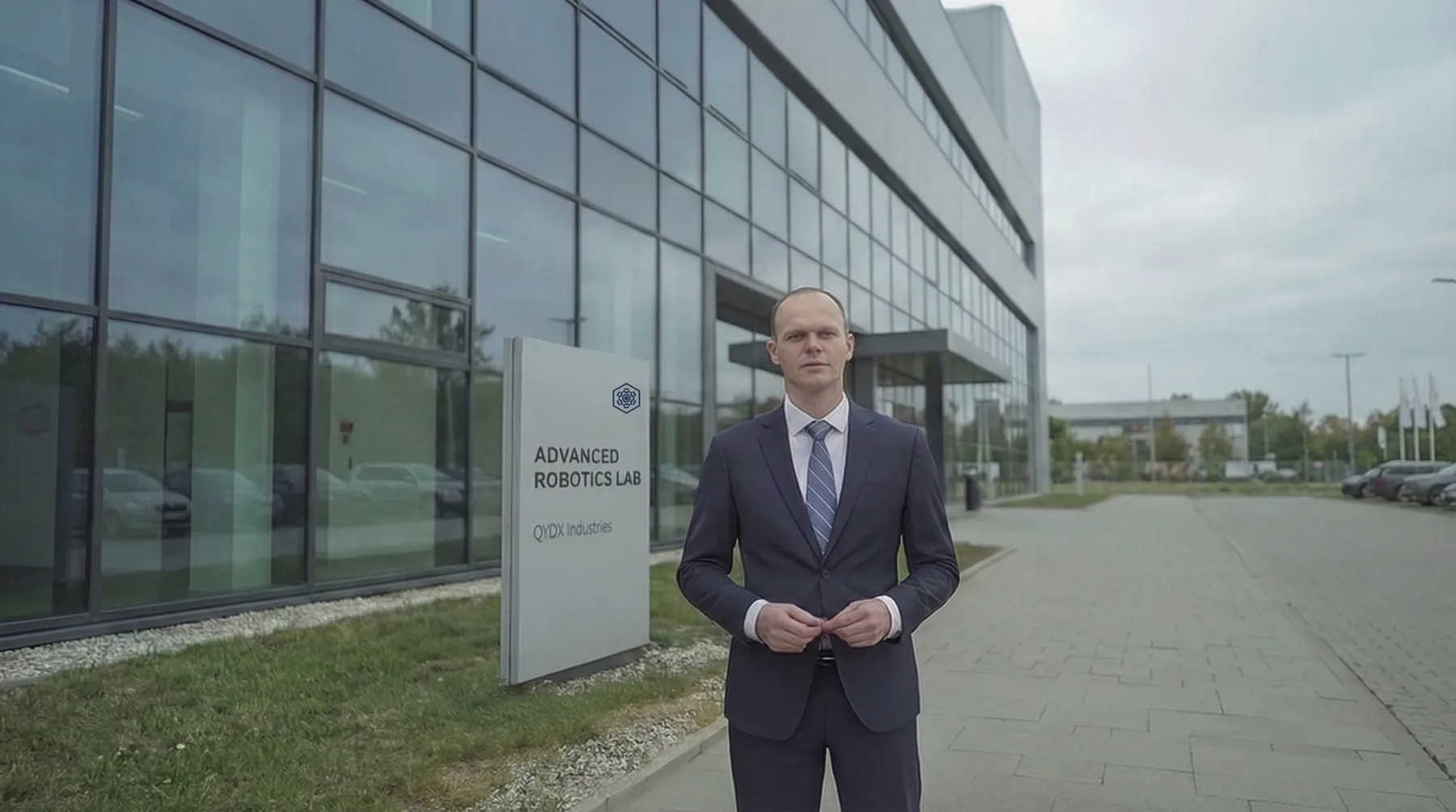 QYDX chief executive standing in front of the glass headquarters building