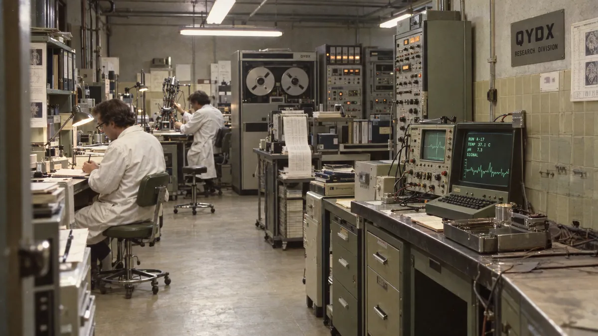 Two researchers in lab coats at work in an early QYDX research lab full of tape drives and oscilloscopes