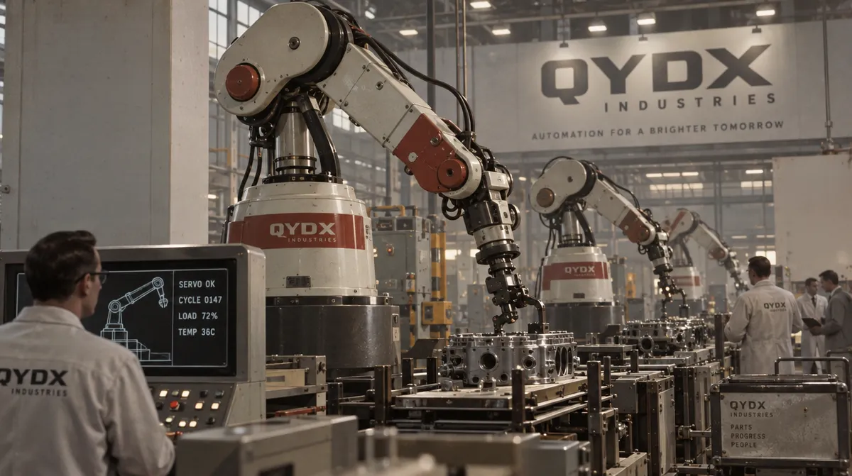 QYDX servo robot arms on a factory line under a banner reading Automation for a brighter tomorrow