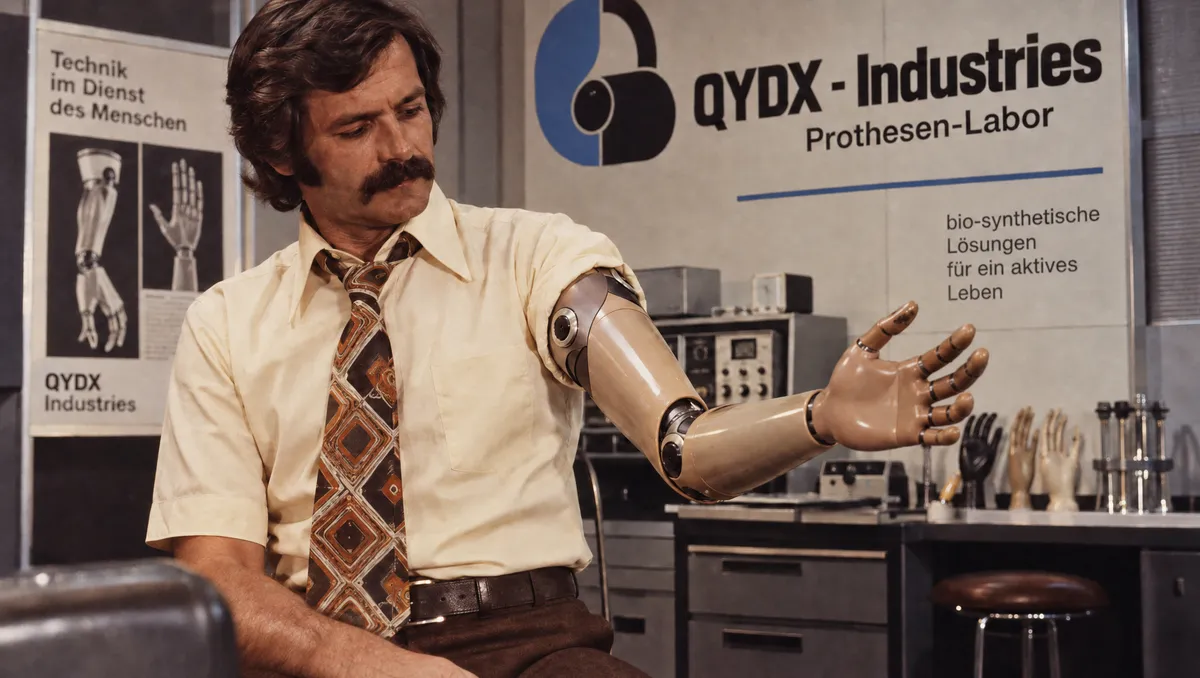 A man with a moustache and patterned tie looks at his bio-synthetic prosthetic arm in the QYDX Prothesen-Labor