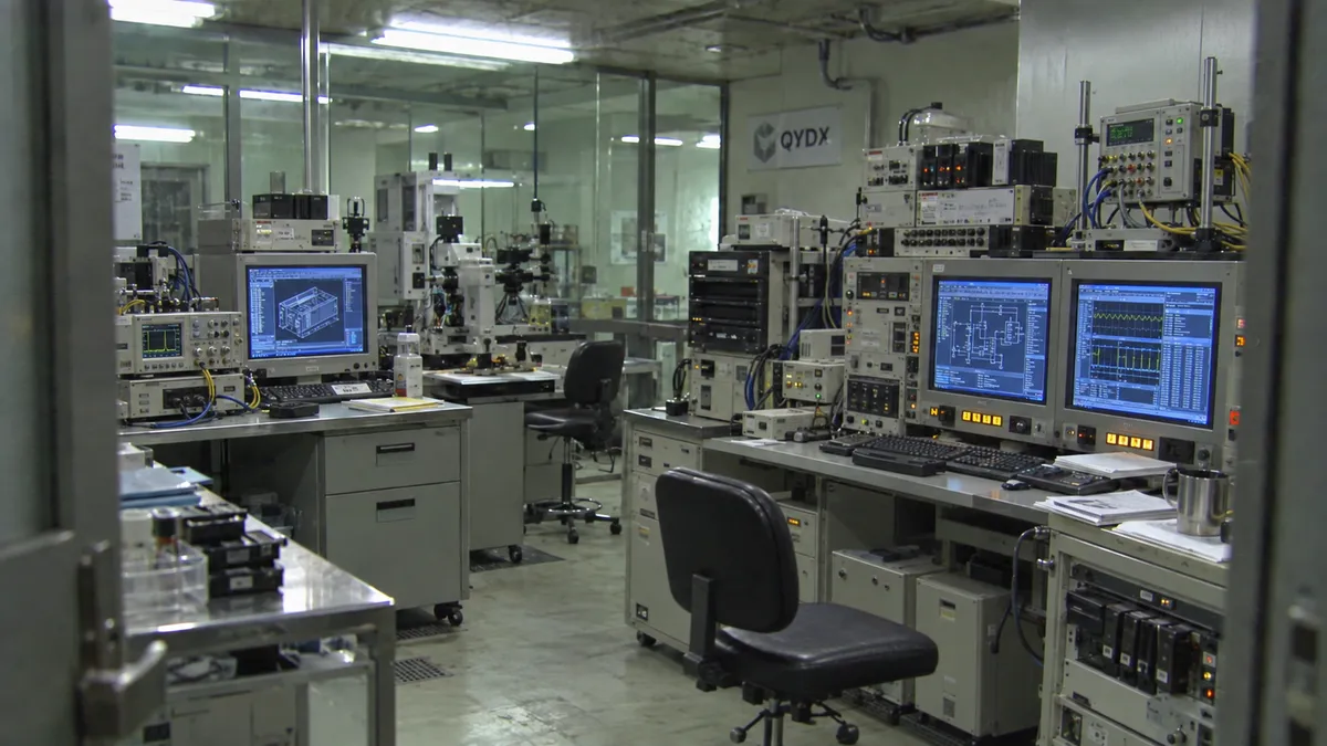 A QYDX lab from the 1990s with CRT monitors, measuring equipment and rack instruments, partly blacked out