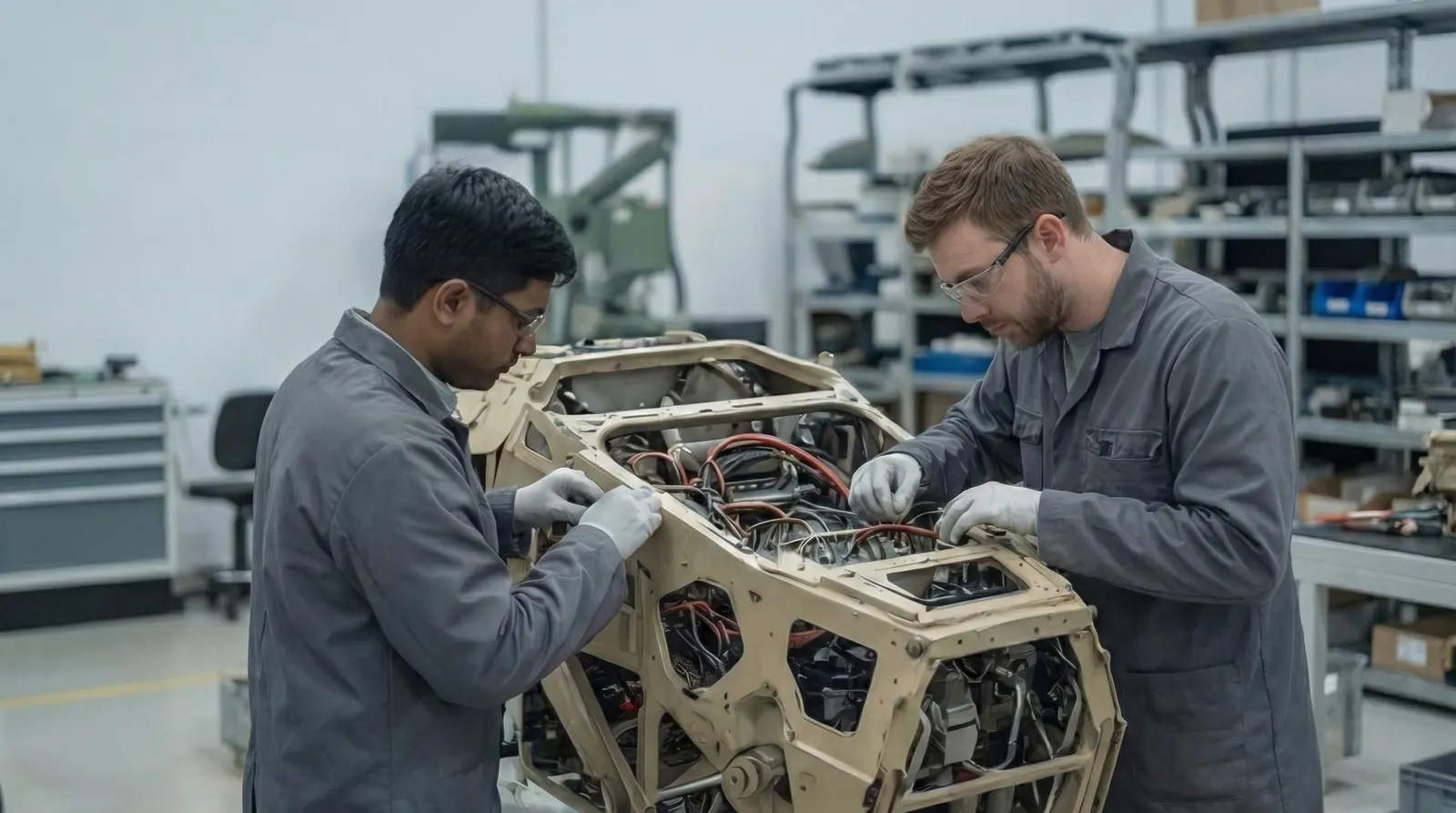 Two QYDX engineers assembling the torso frame of a field robot