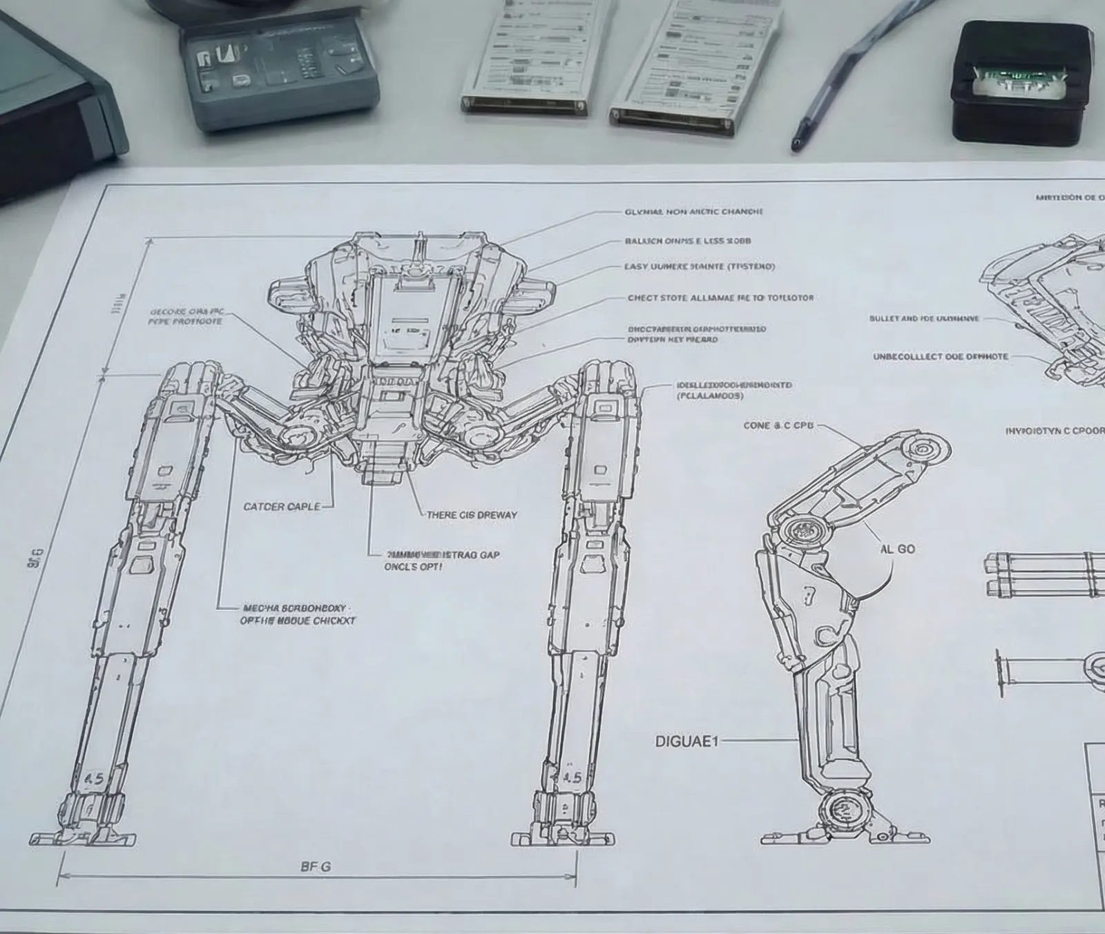 A printed specification sheet for a walking machine on a workshop desk