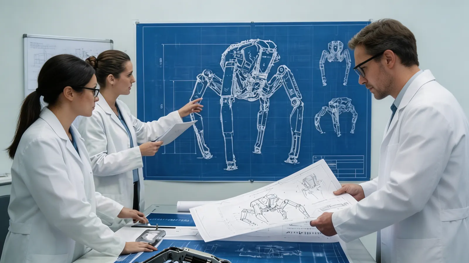 Three QYDX researchers reviewing the blueprint of a quadruped robot