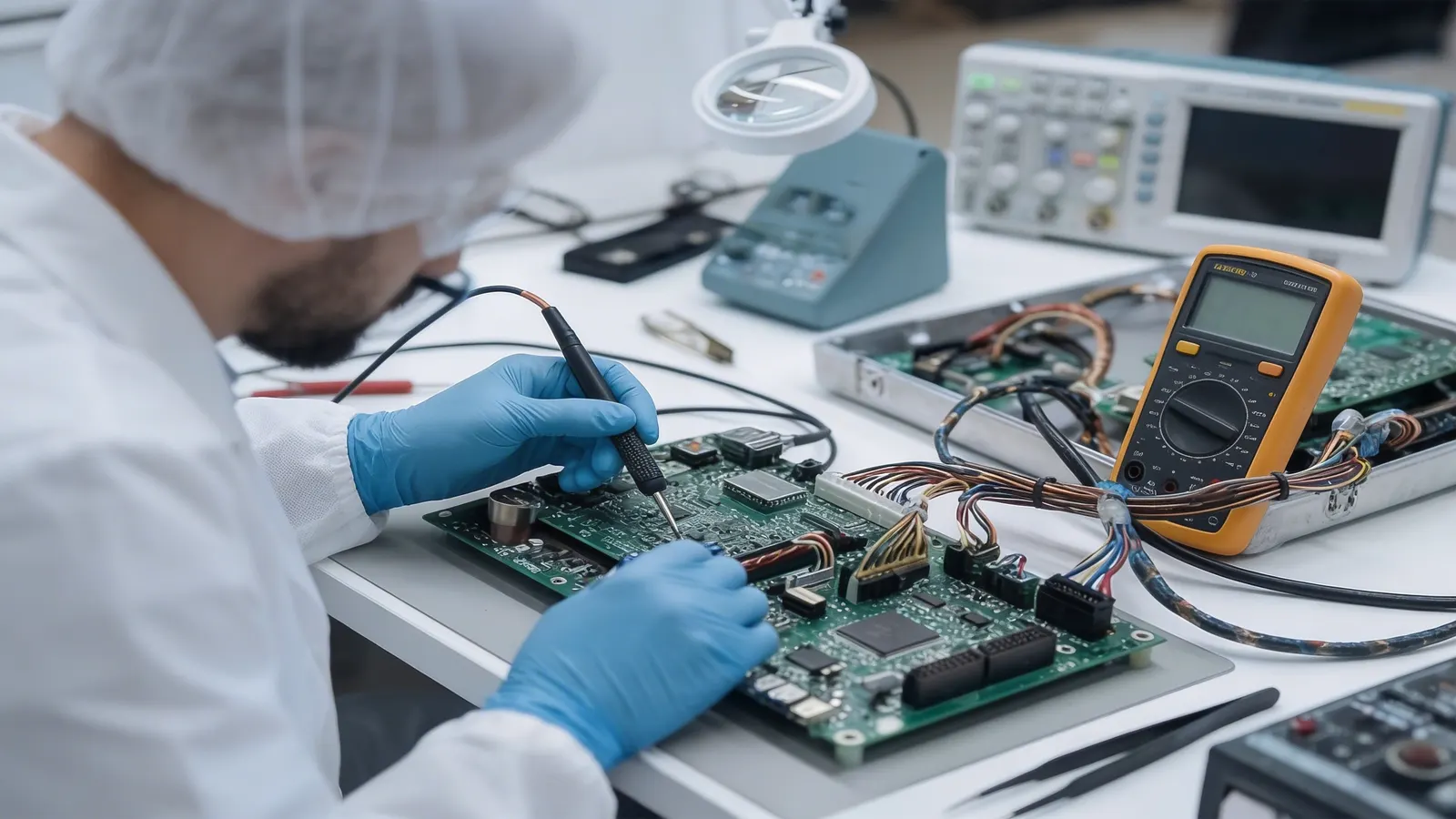 A technician in a clean suit soldering a neural interface board